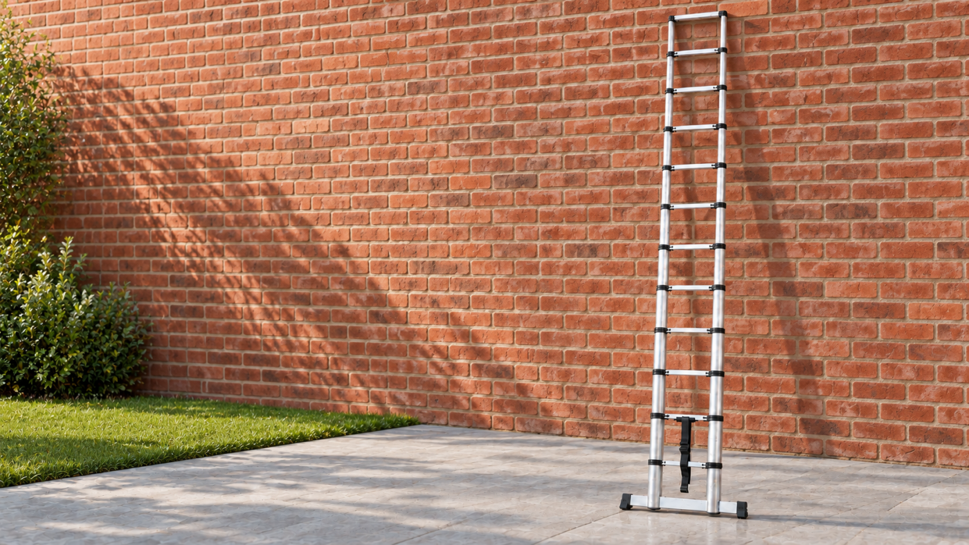 Extended telescopic ladder against a brick wall