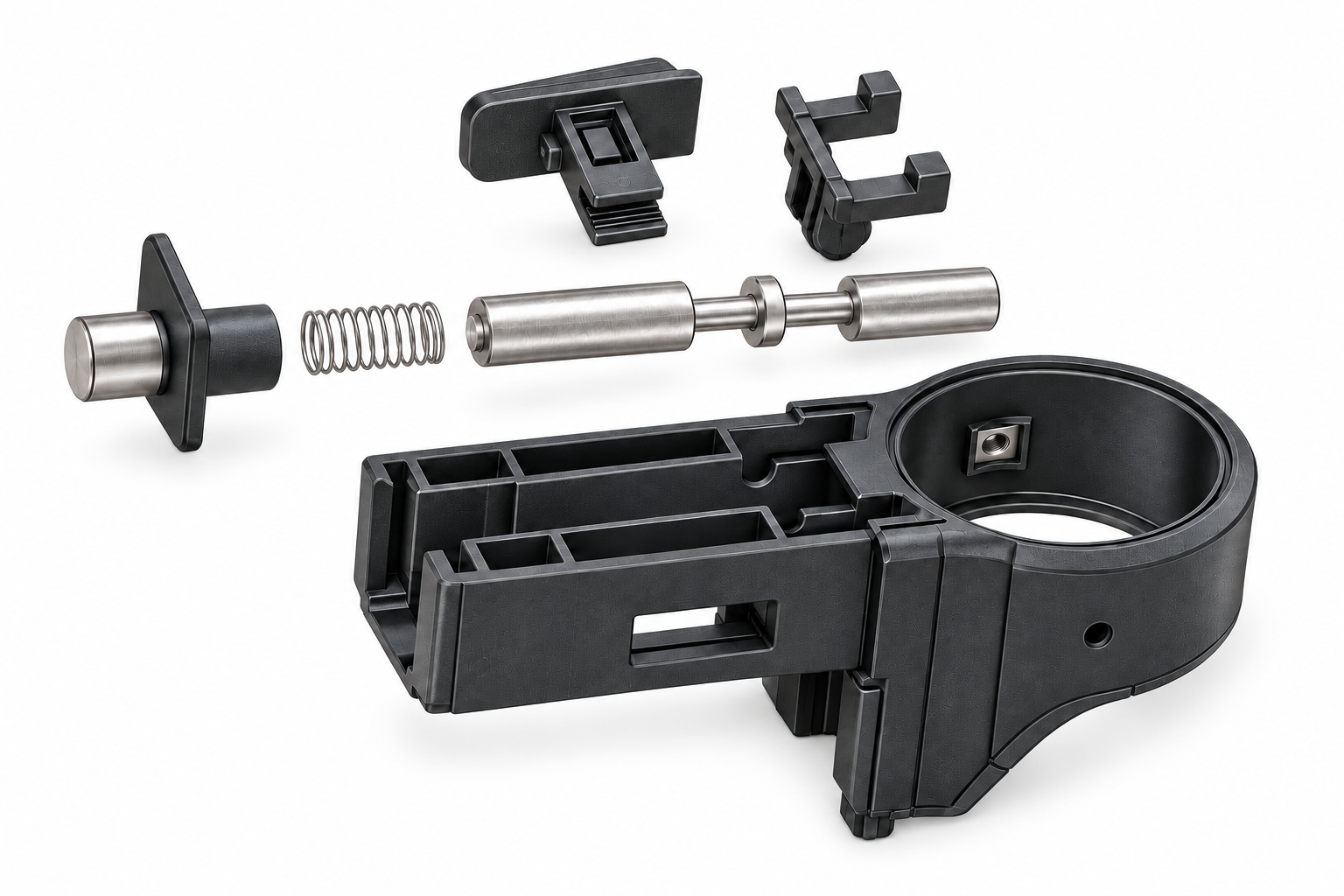 Exploded view of a telescopic ladder locking mechanism with a thin-wire spring, steel locking pin and molded housing